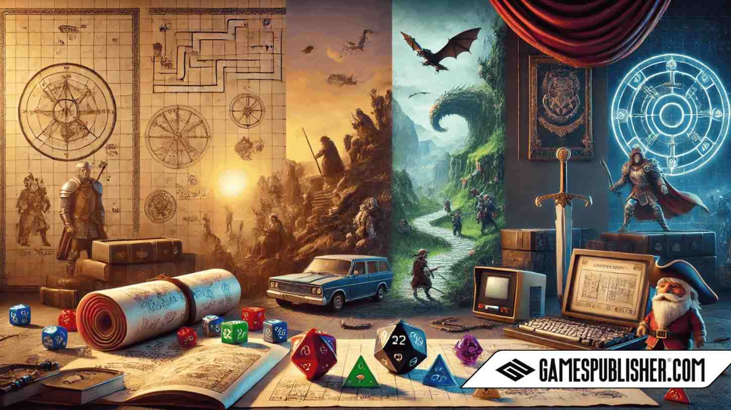 A historical scene showcasing the evolution of RPG and adventure games, featuring a transition from tabletop RPGs with dice and character sheets to pixelated video games and modern 3D RPGs. The image includes symbols of exploration such as maps, swords, and fantasy landscapes, reflecting a sense of adventure and nostalgia in gaming history.