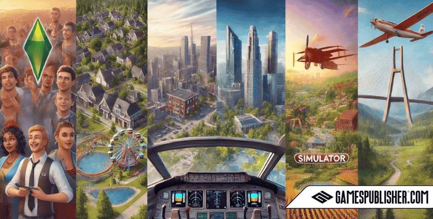 The Sims by Electronic Arts, an urban cityscape from Cities: Skylines by Paradox Interactive, a cockpit view from Microsoft Flight Simulator by Microsoft, an amusement park from Planet Coaster by Frontier Developments, and a farm from Farming Simulator by Giant Software.