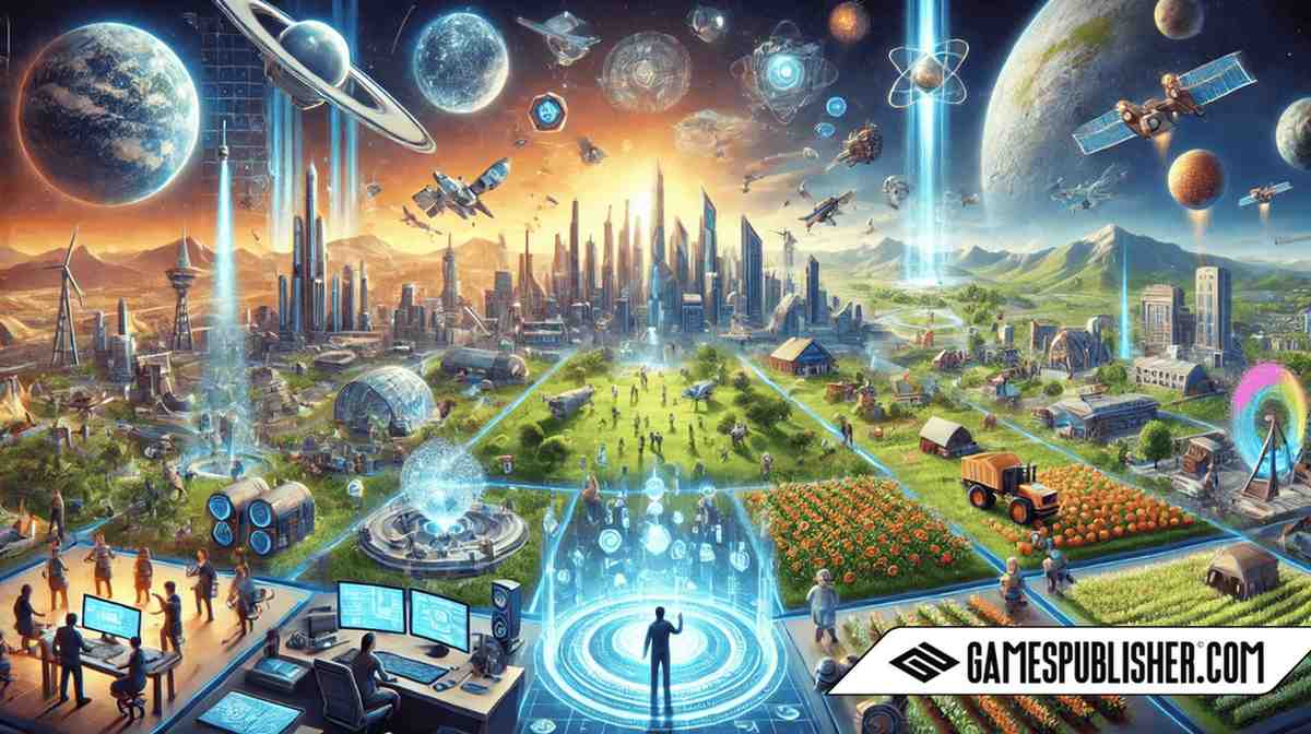 The background includes sprawling cities, space colonies, and fertile landscapes, symbolizing progress and innovation in simulation games.