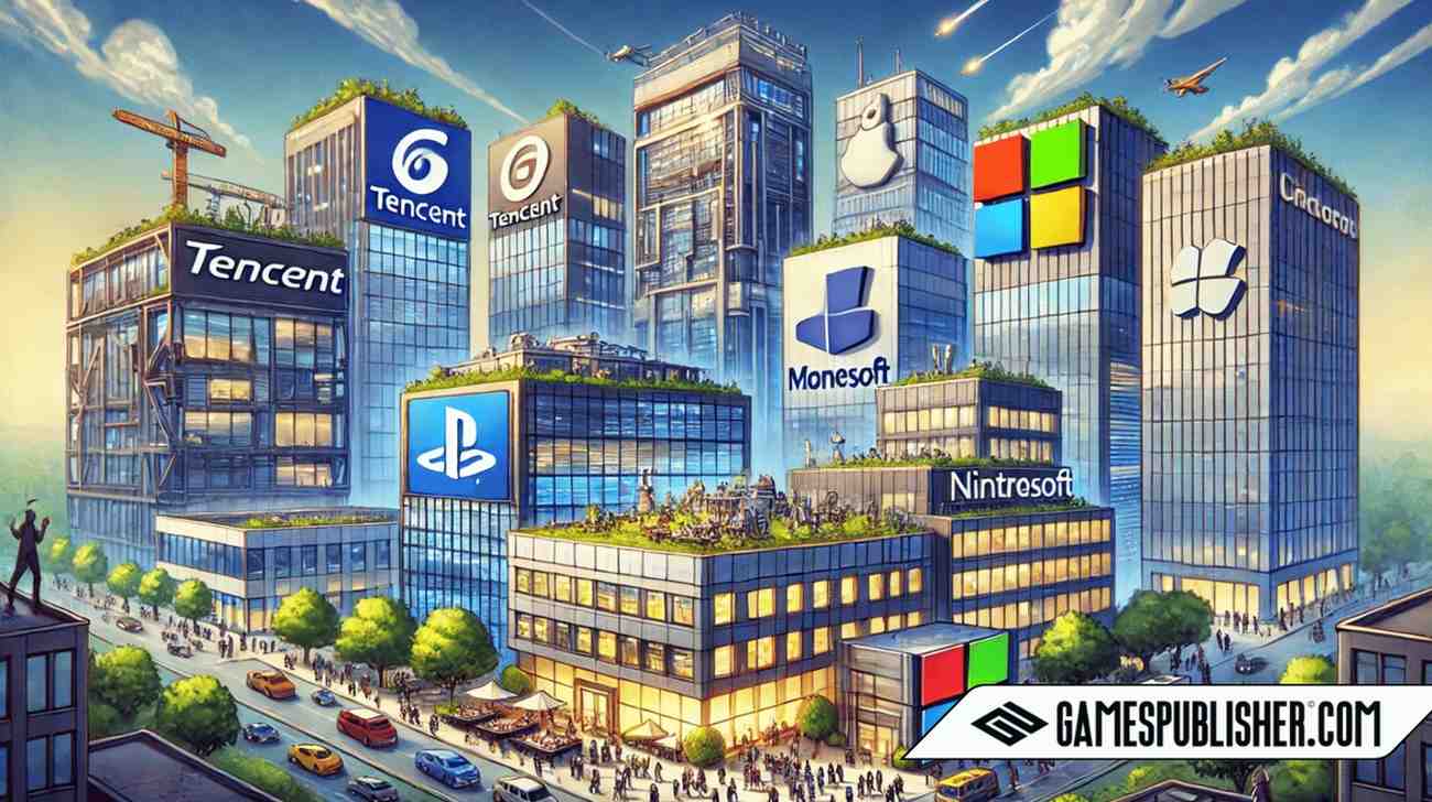 Here's the image showcasing stylized representations of the headquarters of the top five gaming companies, designed to reflect their unique identities without explicit logos.