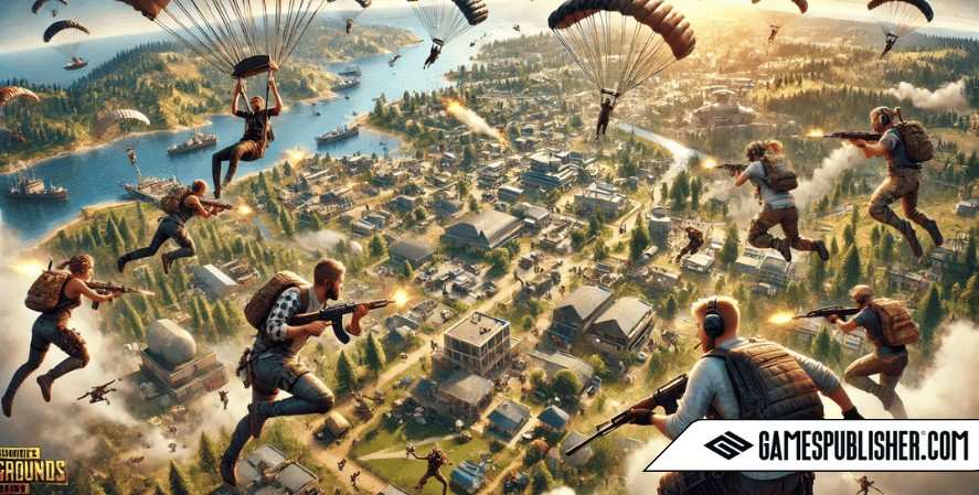 A vivid scene illustrating the defining elements of the battle royale genre, with players parachuting onto an island, scrambling for weapons, hiding in buildings, and engaging in combat. The environment features diverse terrains such as forests, cities, and mountains, highlighting the survival mechanics central to the genre, as a shrinking play zone looms in the distance.