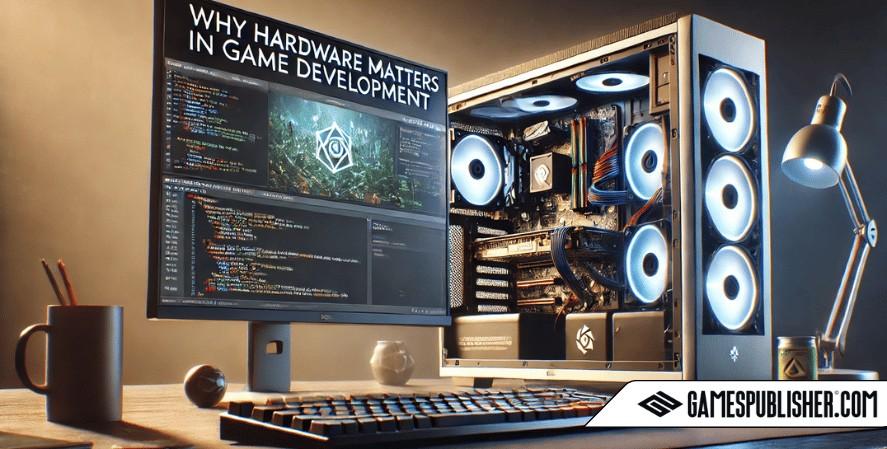 A high-quality image of a PC setup for game development, displaying a detailed workspace and hardware components with a monitor showing a 3D game in development, accompanied by the title 'Why Hardware Matters in Game Development.