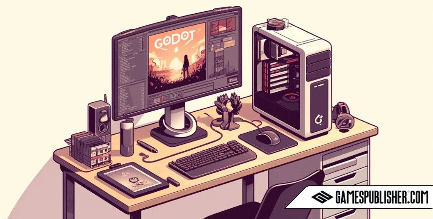 Accessories include a budget-friendly graphics tablet, headphones, and a small bookshelf with a few game development guides, creating a cost-effective yet functional workspace for indie game development.