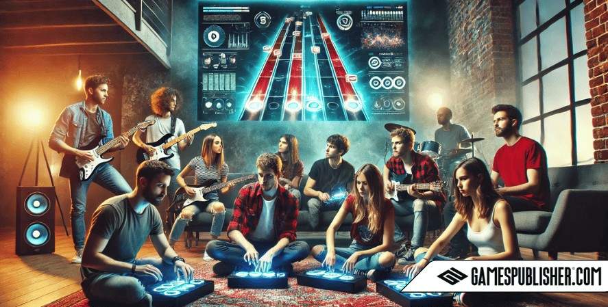 An intense scene of a diverse group of young adults playing a competitive multiplayer music game. They are gathered in a modern living room, using controllers that mimic musical instruments such as electric guitars and digital drum sets. The large screen displays a complex interface with challenging musical tracks and score indicators. The room features dramatic, dynamic lighting that underscores the competitive atmosphere, filled with focus and excitement.