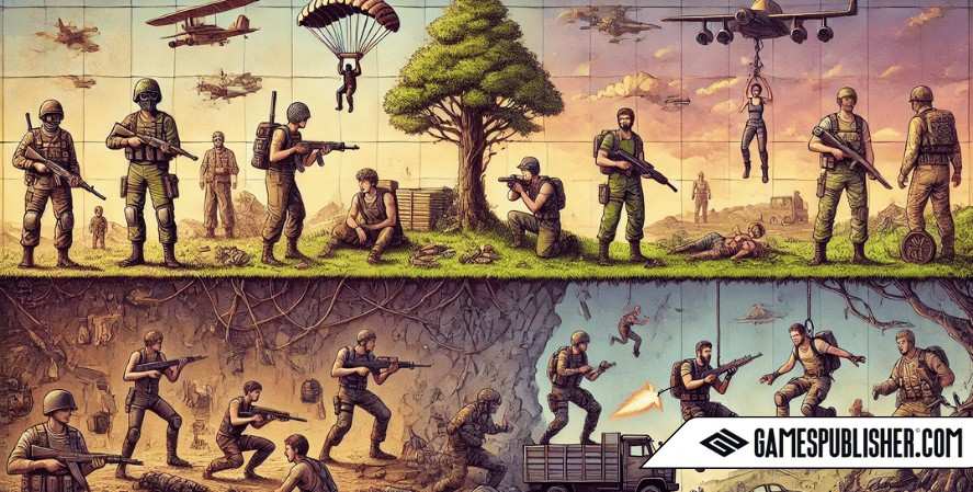 An image illustrating the roots of the battle royale genre, blending early inspirations of multiplayer games with primitive, blocky graphics on one side, and modern battle royale elements on the other side, showcasing parachuting players, weapon scavenging, and large-scale combat. The image shows the transition from simple deathmatch modes to survival-focused gameplay, with no selected areas.