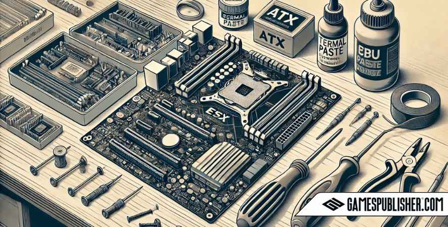 Labels indicate key parts like the CPU socket, RAM slots, and PCIe slots, highlighting the technical details and preparation needed for assembling a PC.