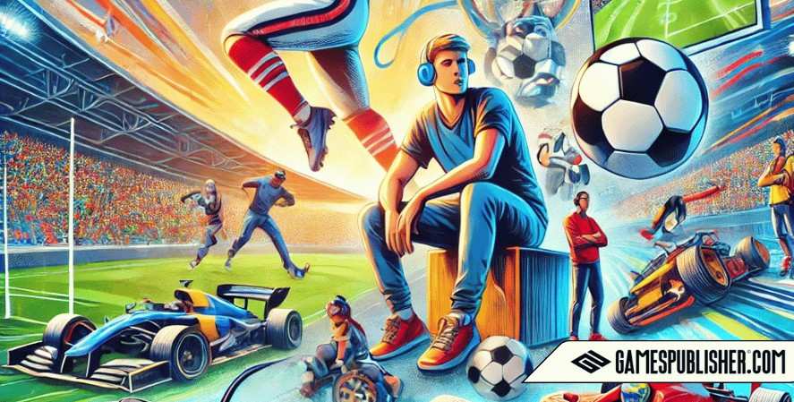 Illustration showcasing the cultural impact of sports and racing video games, with diverse characters, a virtual football stadium, a racing car, and game controllers.