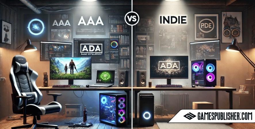 Detailed comparison image showing different PC setups for AAA and Indie game development, with the AAA setup featuring high-end hardware and multiple monitors, and the Indie setup showcasing a compact, budget-friendly build with a single monitor.