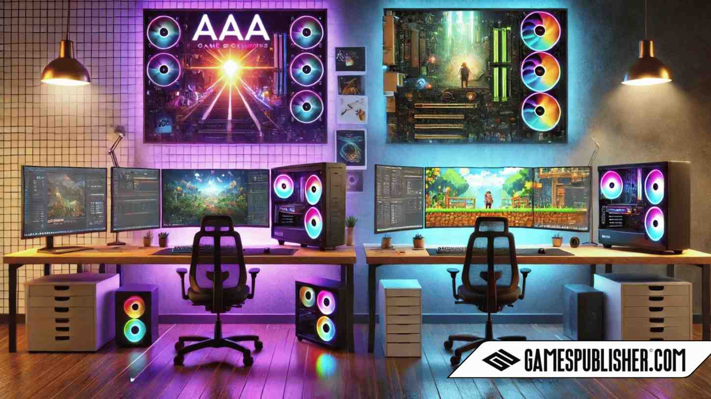 Refined side-by-side comparison of AAA and Indie PC builds for game development, featuring distinct shapes and detailed objects in a modern workspace.