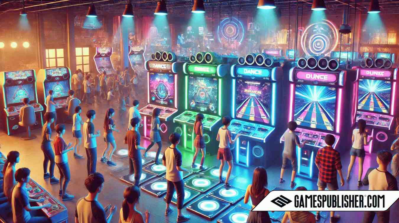 A dynamic and colorful arcade scene with a diverse group of individuals, including both young and old, playing music-based arcade games. The setting features multiple arcade cabinets with bright, flashing lights and screens showing rhythm games. Players are actively using dance pads and drum sets, hitting notes to the beat of lively music. Neon lights illuminate the space, creating a vibrant and energetic atmosphere, with spectators cheering and enjoying the arcade experience.