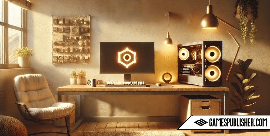 Refined cozy minimalist image of a game development workspace, featuring key hardware components, a warm 3D model on the screen, and a welcoming atmosphere titled 'Key Hardware Requirements for AAA Game Development.