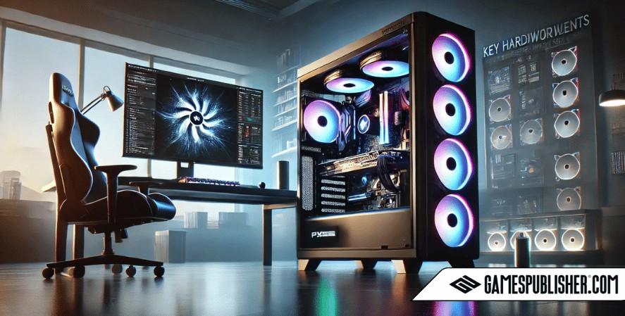 Minimalist image of a powerful game development PC setup with high-end components, featuring RGB lighting, a large ultra-wide monitor, and a complex 3D game environment, titled 'Key Hardware Requirements for AAA Game Development.