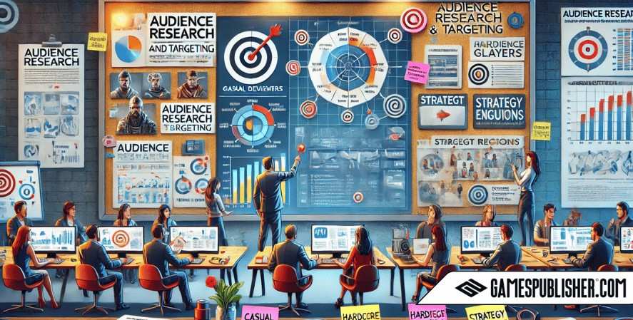 A workspace illustrating the concept of audience research and targeting in game development, featuring a game developer and a marketing strategist analyzing audience demographics and preferences.