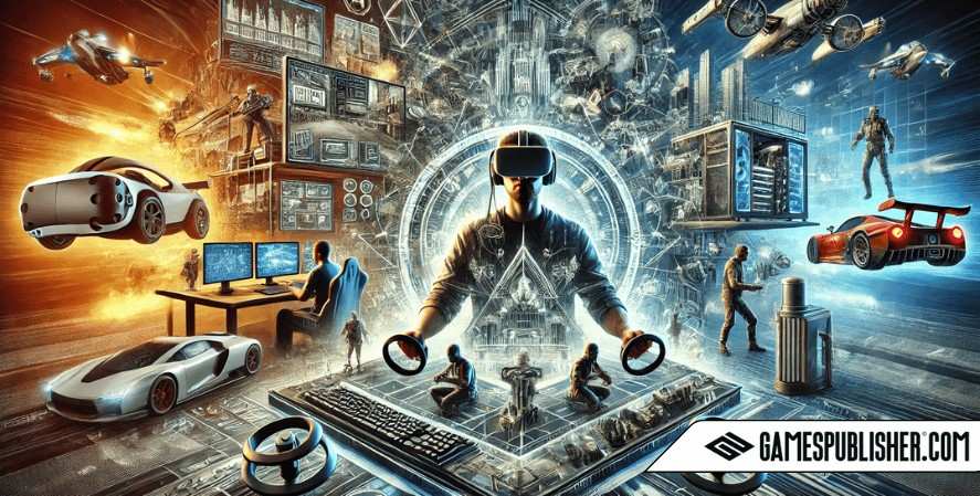 A futuristic depiction of modern simulation games, featuring a player wearing a VR headset interacting in a highly immersive 3D environment. Elements include detailed city-building simulations, lifelike characters, and realistic vehicle simulations, surrounded by advanced gaming setups with multiple monitors, high-end gaming PCs, and motion controllers, symbolizing the cutting-edge technology in today's simulation games.