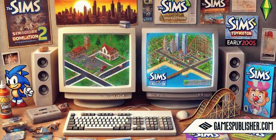 A nostalgic scene depicting simulation games from the 1990s and early 2000s, featuring a pixelated city-building game on a 90s CRT computer screen on the left and a more detailed early 3D simulation game on the right, with retro gaming technology like old monitors and consoles in the background.