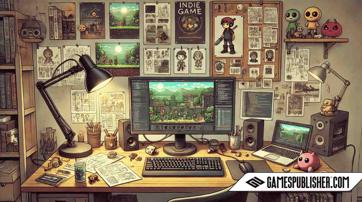 Illustration of an indie game development workspace featuring a desk with dual monitors displaying game design software and code. The room includes concept art pinned on a corkboard, a bookshelf filled with game development books, and gaming merchandise like figurines and posters. The atmosphere is cozy, lit by a soft desk lamp, reflecting the creativity and passion of an indie game developer.