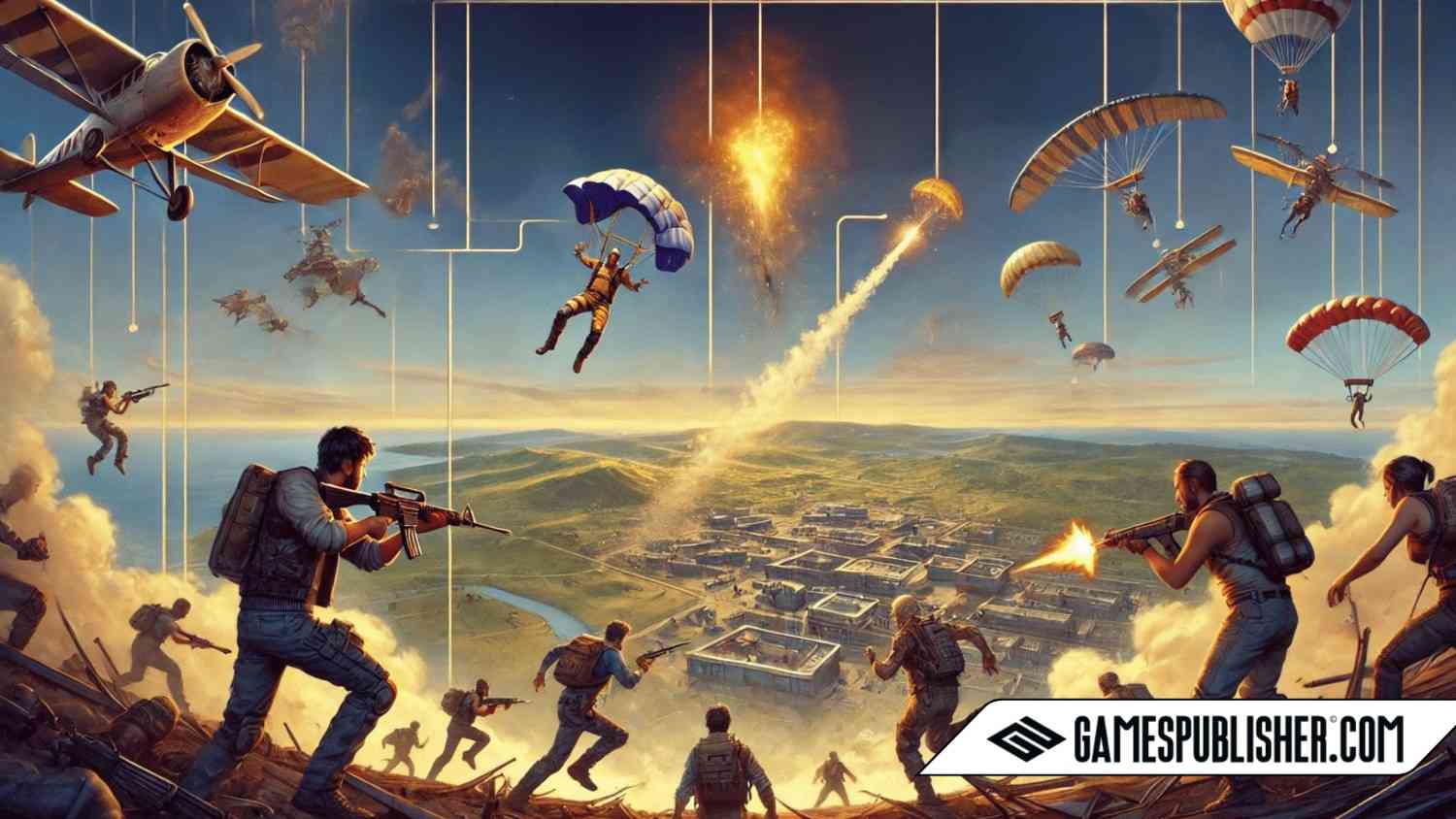 An action-packed visual depicting the evolution of battle royale games, with players parachuting into a vast battlefield, engaging in combat across both island and urban environments. The scene reflects the progression of the battle royale genre, without any titles or text, focusing purely on the history and action.