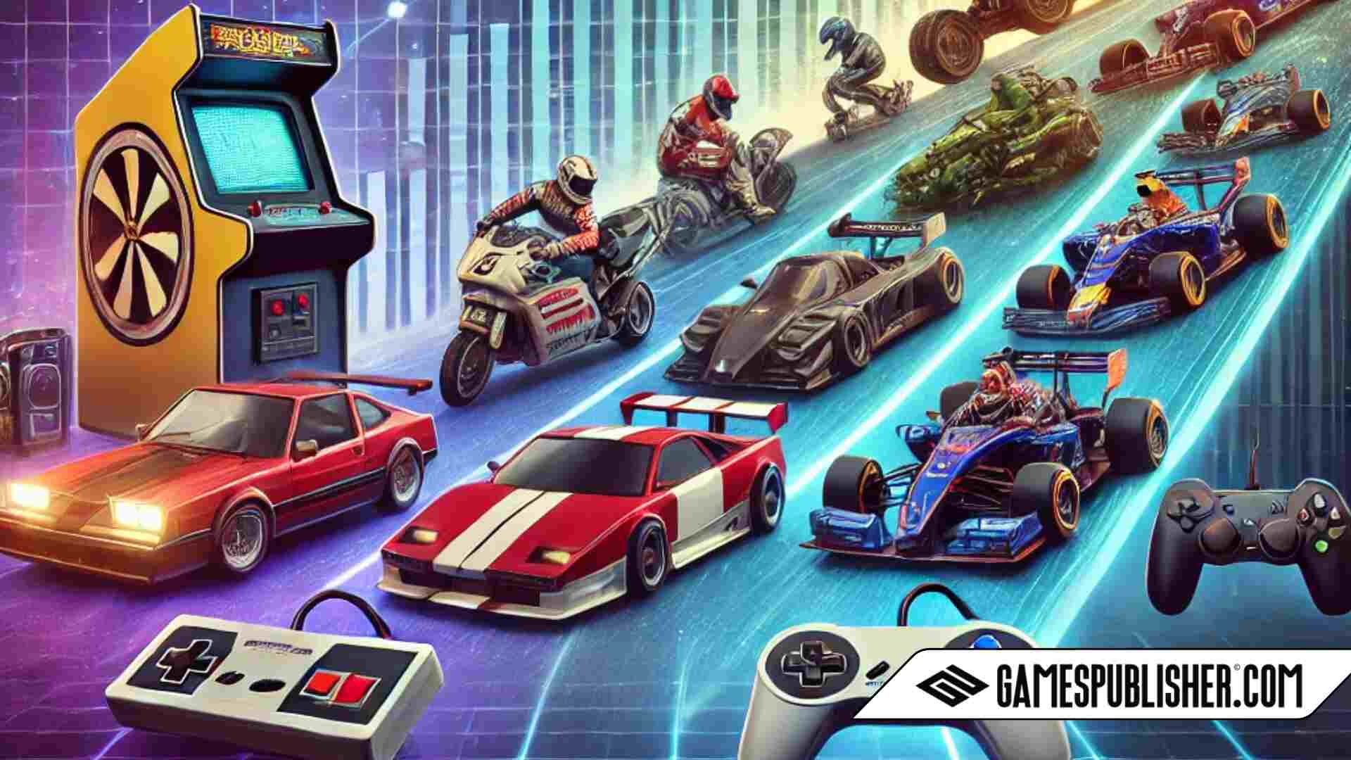 A dynamic montage of sports and racing video game evolution, featuring arcade machines, classic cars, motorcycles, futuristic racing vehicles, and various game controllers. The scene transitions from retro to modern styles, symbolizing technological progression. The backdrop includes a grid-like digital aesthetic with glowing lines. The GamesPublisher.com logo is prominently displayed at the bottom.