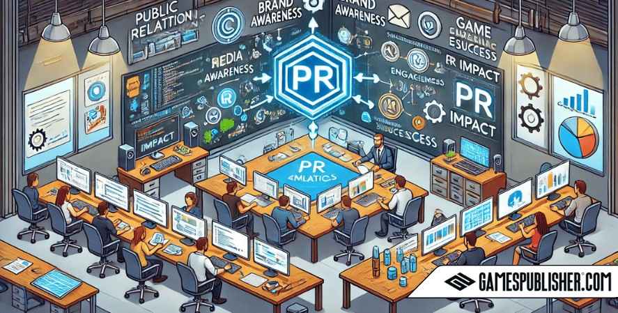 An office space illustrating the integration of public relations (PR) in game development, featuring a game developer’s desk with a monitor displaying code and design elements. On the opposite side, a PR strategist works on media plans and social media calendars.