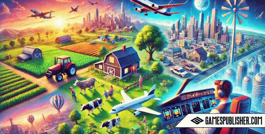 A vibrant scene representing various types of simulation games, including a farming simulator with crops and animals, a life simulator with characters interacting in a house, a city-building simulator with a growing cityscape, and a flight simulator with an airplane cockpit, all blended together to symbolize the diversity of simulation games