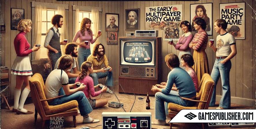 A historical scene depicting the early origins of music party games, set in the early 1980s. The image features a diverse group of people, both young and old, gathered in a simple home environment. They are playing an early version of a music party game on a classic home video game console, using basic controllers and watching a bulky CRT television. The room is decorated with vintage furniture and early gaming posters, reflecting the era and creating a casual, fun atmosphere that captures the pioneering spirit of early multiplayer music gaming at home.