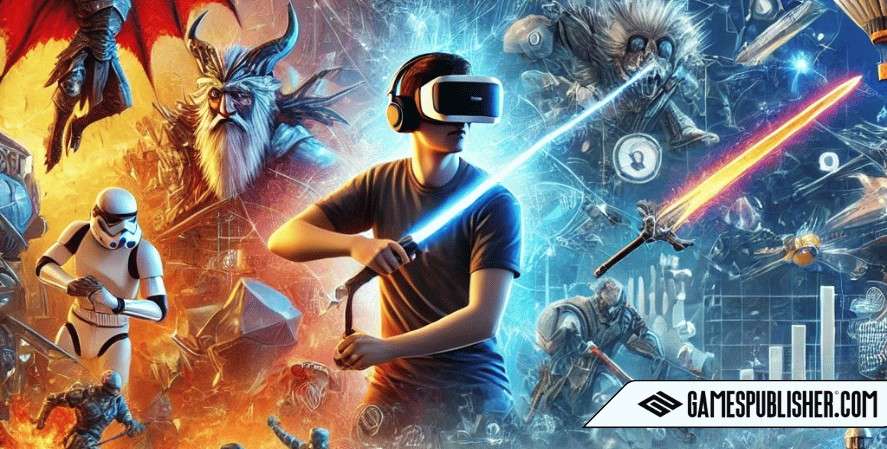 A scene showcasing various VR game genres, with a player in a VR headset experiencing different virtual worlds, from fantasy and sci-fi to sports, along with game development elements like coding symbols and 3D models.