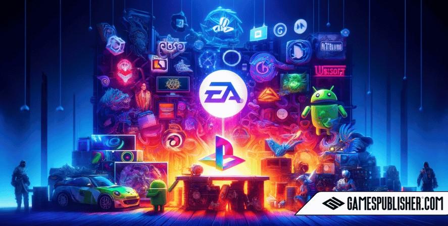 A dynamic visual representation of key players in the video game publishing industry, showing symbols of major publishers like Electronic Arts and indie publishers like Devolver Digital. The background includes gaming consoles, game boxes, and digital platform elements.