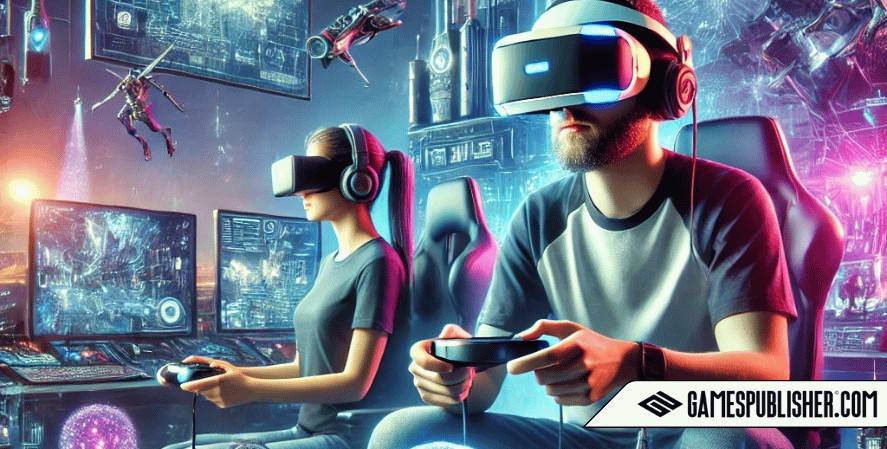 A futuristic depiction of VR gaming with advanced VR headsets and high-tech gaming setups, showing gamers immersed in vibrant, interactive virtual environments, representing the integration of VR technology into the gaming industry.