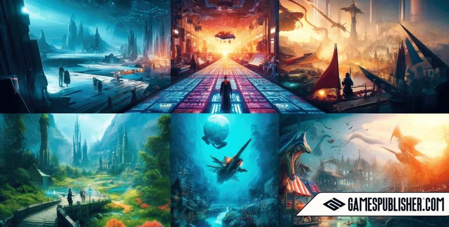 A vibrant digital collage highlighting the variety of video game genres with a futuristic cityscape, a medieval battlefield, a serene underwater environment, and a horror-themed amusement park, each scene richly detailed to reflect the unique atmosphere and style of the games.