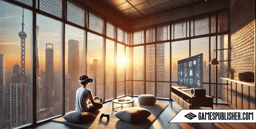 A modern high-rise apartment with large windows showcasing a stunning cityscape view at sunset, featuring a person playing VR games with a headset and controllers. The scene combines relaxation, advanced technology, and a sleek urban lifestyle.