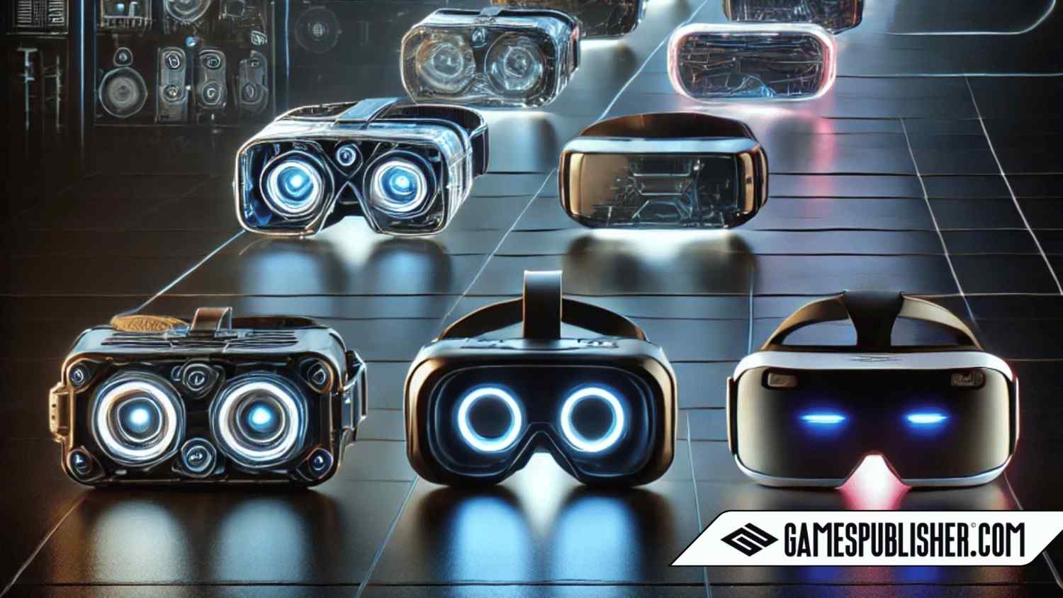 Futuristic depiction of the evolution of virtual reality in gaming. The scene shows a timeline-like progression of VR headsets evolving from early bulky designs to advanced modern versions, set in a digital, sci-fi environment with neon lights, glowing holographic lines, and a metallic color palette.