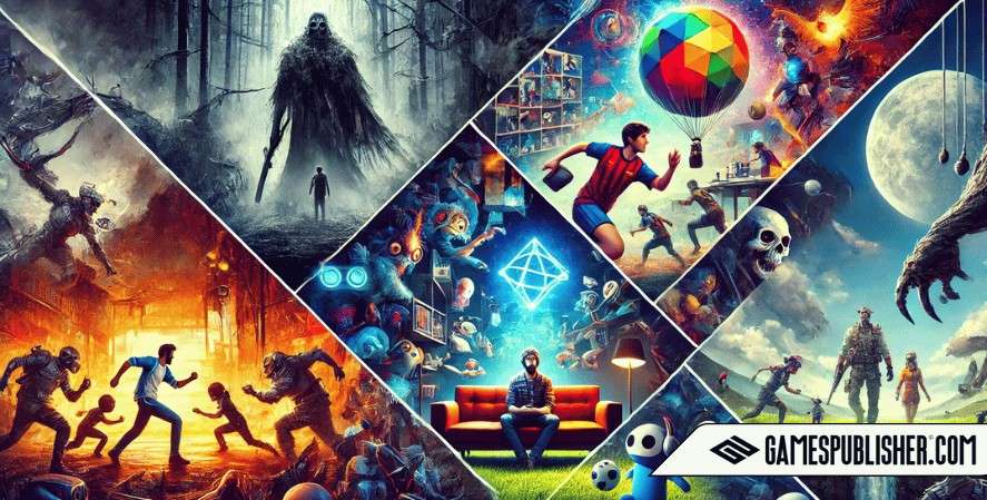 An artistic digital collage highlighting the diversity of video game genres with a mysterious horror scene, a dynamic sports game, an intense action battle, and a whimsical indie game landscape, showcasing the appeal and variety of video gaming.