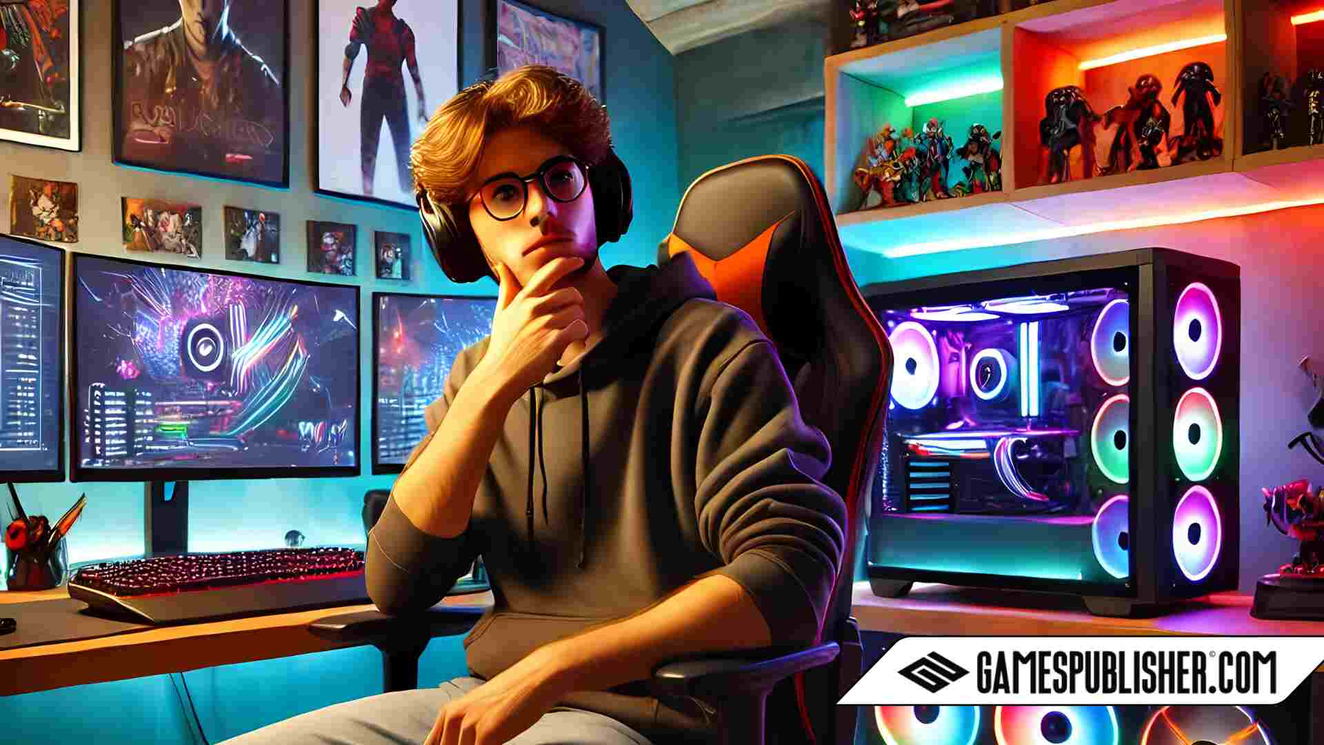 A young gamer seated in a gaming chair, wearing headphones and looking thoughtful, surrounded by a vibrant gaming setup. The room features dual monitors displaying futuristic visuals, a custom-built PC with RGB lighting, and shelves adorned with action figures and collectibles. Posters of video game characters decorate the wall. The GamesPublisher.com logo is displayed at the bottom.