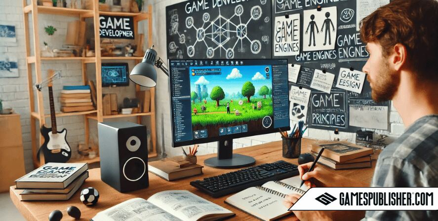 A beginner game developer in a bright workspace, learning game design and experimenting with a game engine interface on a computer screen. The desk is organized with books, notes on game design principles, and a notebook for ideas. The room has motivational posters and a whiteboard featuring game concept sketches, creating an educational and creative atmosphere.