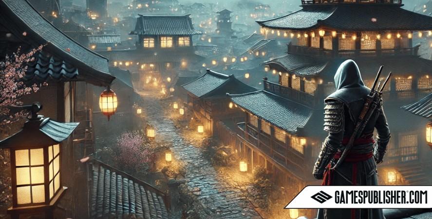 A cinematic scene inspired by Assassin's Creed with a traditional Japanese theme, perfectly fitting a 1920x1080 resolution. The image shows a hooded assassin standing on a pagoda-style rooftop, overlooking a tranquil Japanese village illuminated by glowing paper lanterns. The village is surrounded by cherry blossom trees in full bloom, with petals scattered in the wind. Misty mountains and a large, glowing moon dominate the background, creating a serene yet stealthy atmosphere. The setting combines traditional Japanese architecture with an air of mystery and elegance.