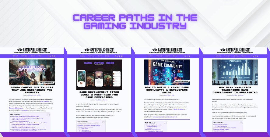 Screenshot showcasing career paths in the gaming industry, with articles on upcoming 2024 games, creating game pitch decks, building loyal game communities, and using data analytics in game development and publishing, displayed with professional visuals and clear layouts.