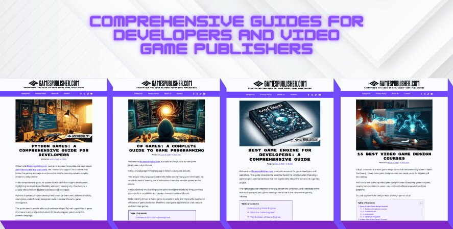 Screenshot showcasing GamesPublisher.com’s comprehensive guides for developers and video game publishers, including resources on Python games, C# programming, game engines, and top video game design courses, with engaging visuals and detailed content.