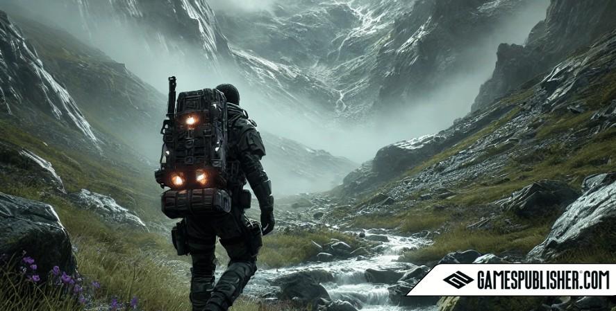 A realistic scene inspired by Death Stranding, featuring a lone figure in futuristic cargo gear with glowing equipment, trekking through a desolate, mountainous landscape. The terrain is rugged, with rocky paths, grassy patches, and a flowing stream. Misty clouds envelop the towering peaks in the background, creating a moody yet breathtaking atmosphere that conveys solitude and determination. games coming out in 2025