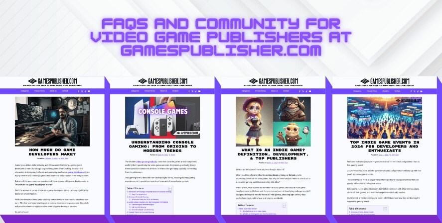 Screenshot featuring FAQs and community resources for video game publishers at GamesPublisher.com, including articles on developer earnings, console gaming trends, indie game publishing, and top gaming events in 2024, with engaging visuals and structured layouts.