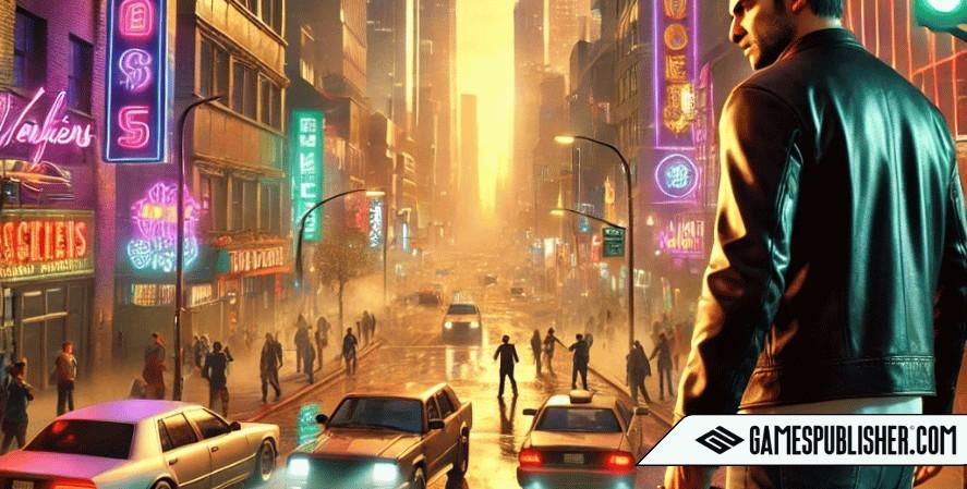 A highly realistic third-person perspective of a bustling urban street inspired by next-generation gaming visuals. The scene features a man in a leather jacket holding a gun, standing on a reflective, wet road during sunset. The street is filled with luxury cars, neon-lit storefronts, and pedestrians, surrounded by photorealistic skyscrapers. The atmosphere is vibrant and cinematic, highlighting intricate details like glowing lights, realistic textures, and a warm, glowing horizon. games coming out in 2025