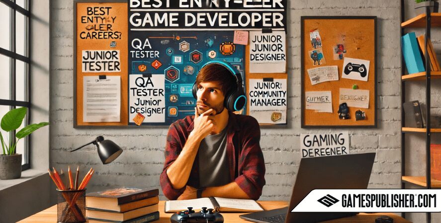 A beginner game developer sitting thoughtfully at a desk in a modern workspace, exploring entry-level gaming roles. The desk features a laptop showing a document on gaming careers, a notebook with handwritten notes, gaming books, a controller, and headphones. A corkboard in the background displays job descriptions and sticky notes for roles like QA tester, junior designer, and community manager, symbolizing curiosity and determination.