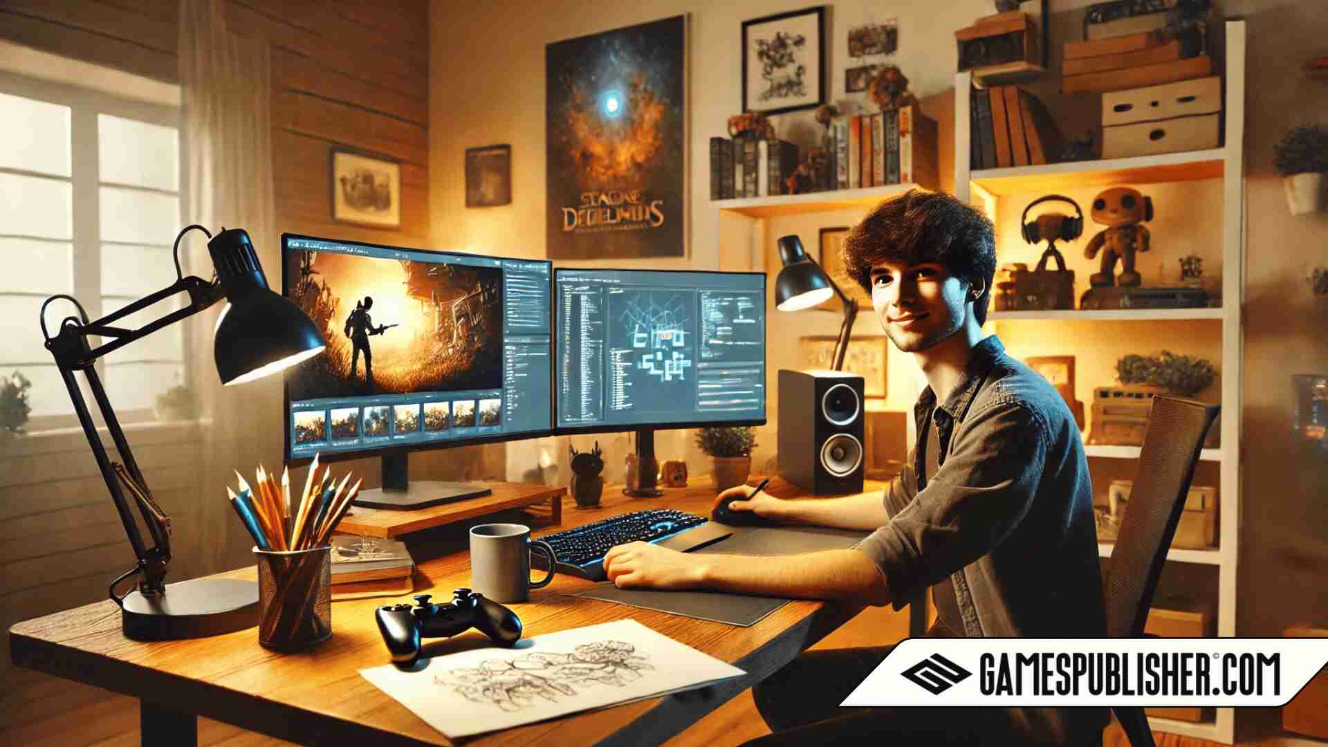 A young beginner game developer sitting at a computer desk in a cozy home workspace, working on game development with tutorials on a dual-monitor setup. The desk includes tools like a sketchpad, game controller, and coffee mug, with shelves of gaming collectibles and coding books in the background. The atmosphere is warm and creative, showing determination and focus.