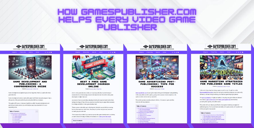 Screenshot showcasing GamesPublisher.com resources for video game publishers, featuring guides on game development, free courses, advertising tips, and marketing strategies, displayed with vibrant visuals and structured layouts.