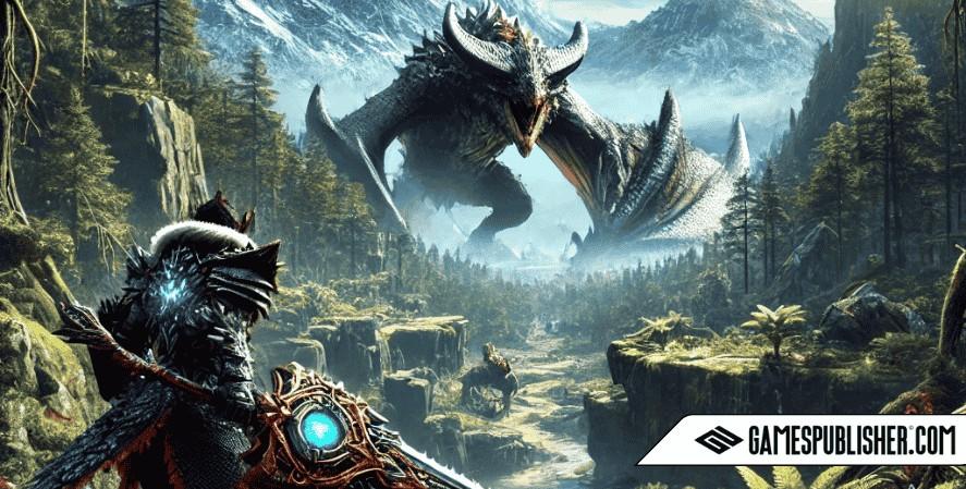 A highly realistic scene inspired by Monster Hunter, showcasing a hunter in intricately designed armor holding a massive weapon, standing in a lush wilderness with towering, snow-capped mountains in the background. The environment features dense forests, rocky terrain, and vibrant foliage, with a colossal dragon-like monster looming in the distance. The lighting is dramatic, with realistic textures and atmospheric effects, creating an epic and adventurous vibe. games coming out in 2025