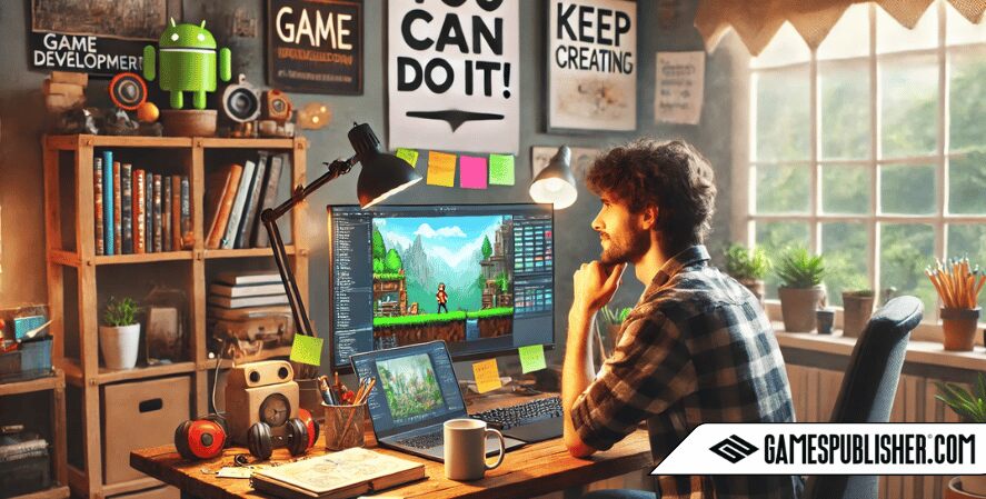 A beginner game developer in a cozy workspace, focused on a game project. Motivational elements like a sticky note reading "You can do it!" and a poster saying "Keep Creating" are visible. The desk has a laptop displaying a game engine, a coffee mug, and sketches of game ideas. The background includes bookshelves with game development resources, with natural light creating a positive and determined atmosphere.