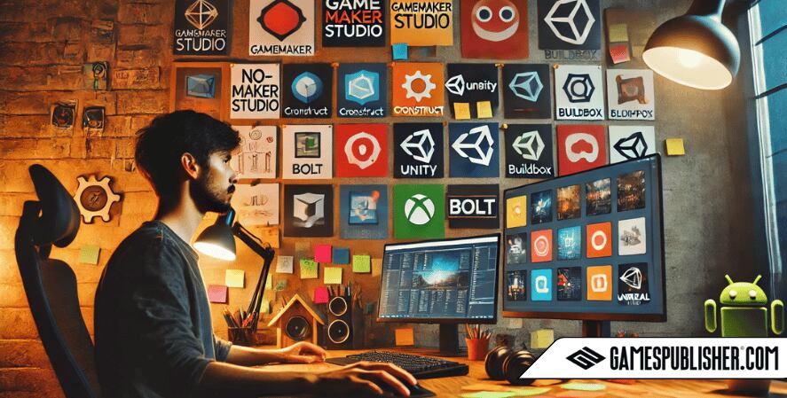 A game developer sitting at a desk, focused on selecting no-code tools like GameMaker Studio, Construct, Unity with Bolt, RPG Maker, BuildBox, and Unreal Engine with Blueprints. The workspace includes a computer displaying tool interfaces, sticky notes, and a chart comparing features, with a creative and vibrant environment filled with game development gadgets and ideas.