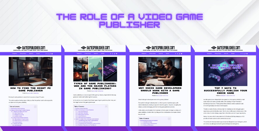 Screenshot illustrating the role of a video game publisher, featuring articles on finding the right PC game publisher, types of publishers, why indie developers should collaborate with publishers, and top tips for publishing indie games, with eye-catching visuals and structured content.