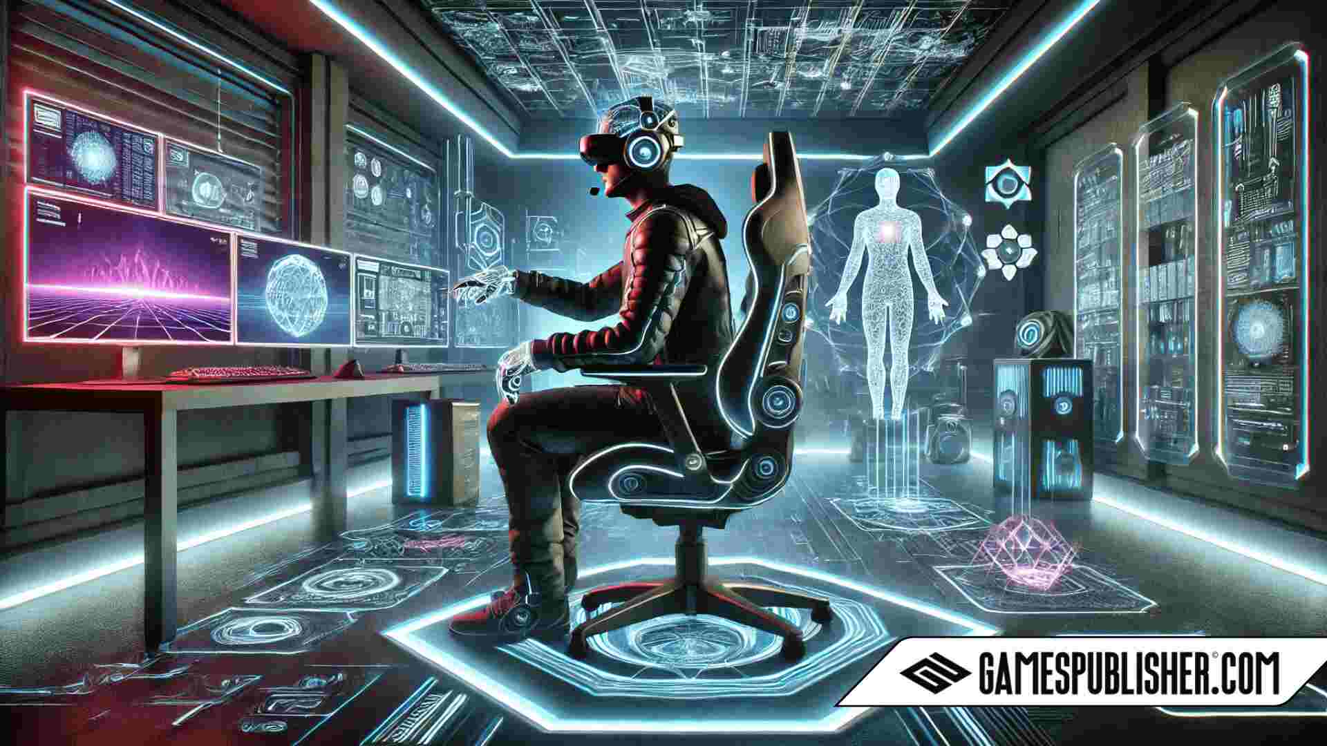 Futuristic gamer in a high-tech man cave, wearing a sleek virtual reality/augmented reality headset with glowing accents. The gamer is seated in a modern gaming chair surrounded by holographic displays and neon lighting. He controls the immersive gaming experience using a brain-computer interface, with augmented reality elements floating in the air around him, blending digital and physical environments.