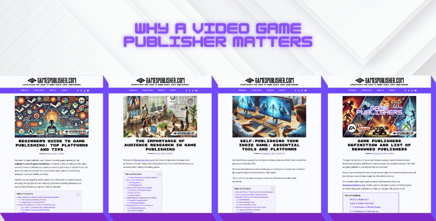 Screenshot highlighting why a video game publisher matters, featuring articles on beginner's guides to game publishing, audience research, self-publishing tools, and a list of renowned game publishers, displayed with engaging visuals and organized content.