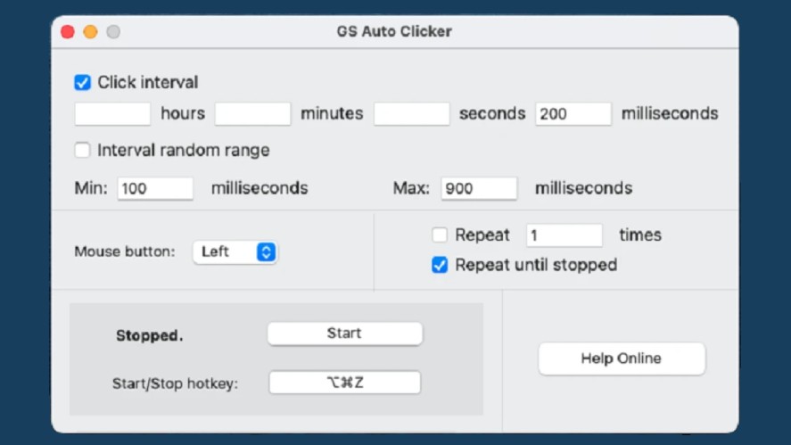 An interface of an auto clicker tool